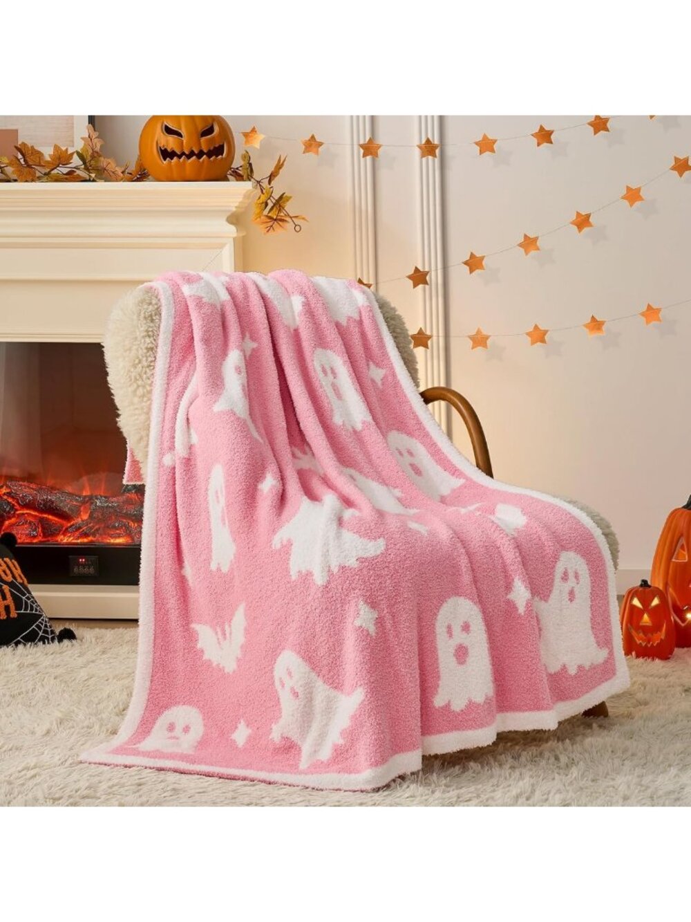 Cozy Halloween Throw Blanket - Pink Ghost & Bat Design, Ultra Soft 50x60" Couch